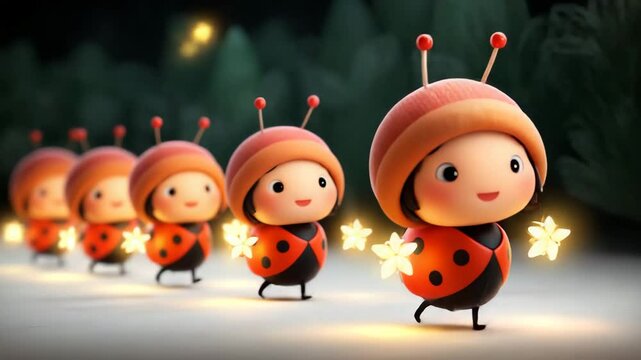 a whimsical procession of cute ladybug characters holding glowing stars, perfect for children&rsquo;s illustration and joyful themes.