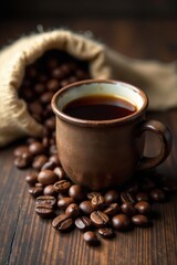 Rustic coffee cup, burlap sack of beans on wooden table, photography, still life, vintage