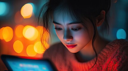 Close up of a woman looking at a tablet with bokeh lights in the background in a dimly lit room