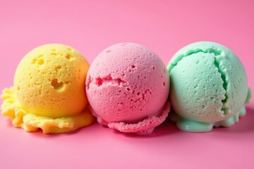 Three scoops of colorful gelato on a pink background , three, texture, treat