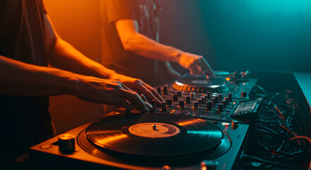 Two Disc Jockeys Mixing Music with Turntables Under Teal and Orange Club Lights