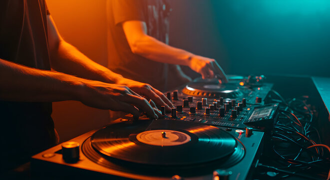 Two Disc Jockeys Mixing Music with Turntables Under Teal and Orange Club Lights