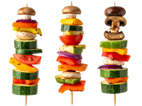 set of asingle vertical vegetable skewer with colorful vegetables, mushrooms 