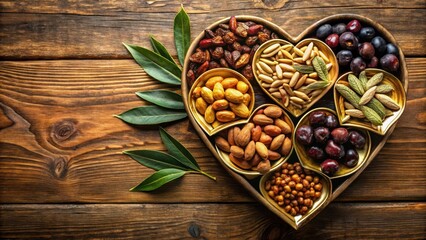 Dry Fruits and Nuts on Golden Heart Shaped Plates with Olive Leaves Tu Bishvat, tu bishvat, nuts,  tu bishvat