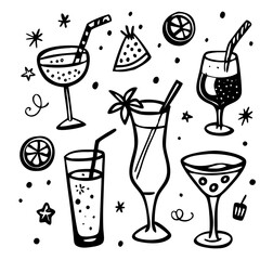 Coquettish merry Christmas set, vector hand drawn New Year doodle illustration, pink ribbon bow. Winter holiday celebration dinner champagne bottle, elegant decoration cocktail glass. Christmas doodle