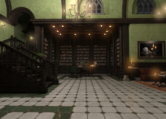 3d render of an ancient Gothic library. No AI used
