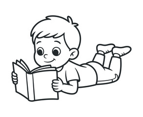 Happy Boy Lying Down Reading a Book Childrens Illustration