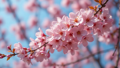 Obraz premium Close up of pink cherry blossoms on a branch against a blurred blue sky background in spring