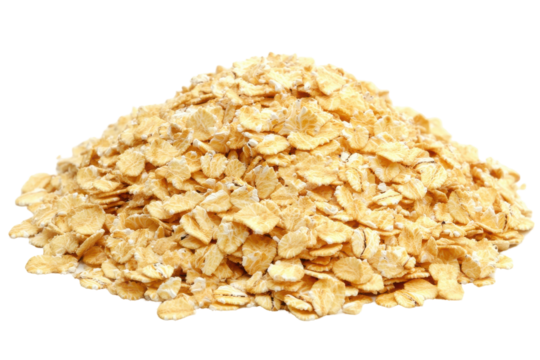 Golden mountain of oat flakes a breakfast staple against a stark isolated white background