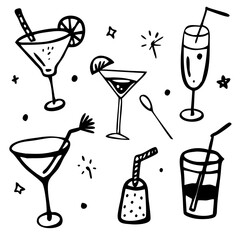 Coquettish merry Christmas set, vector hand drawn New Year doodle illustration, pink ribbon bow. Winter holiday celebration dinner champagne bottle, elegant decoration cocktail glass. Christmas doodle