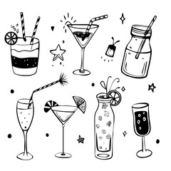 Coquettish merry Christmas set, vector hand drawn New Year doodle illustration, pink ribbon bow. Winter holiday celebration dinner champagne bottle, elegant decoration cocktail glass. Christmas doodle