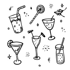 Coquettish merry Christmas set, vector hand drawn New Year doodle illustration, pink ribbon bow. Winter holiday celebration dinner champagne bottle, elegant decoration cocktail glass. Christmas doodle