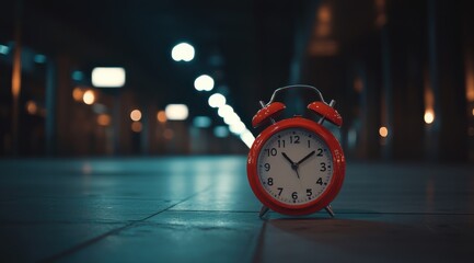 A red alarm clock sits on the floor in an empty, dark room, illuminated by streetlights. The time is around midnight, and the clock shows five o'clock. 