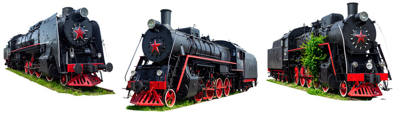 Fototapeta premium A black and red steam train with white stripes on the front, set against an isolated background