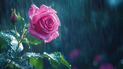 Pink rose in the rain, a vibrant floral scene.