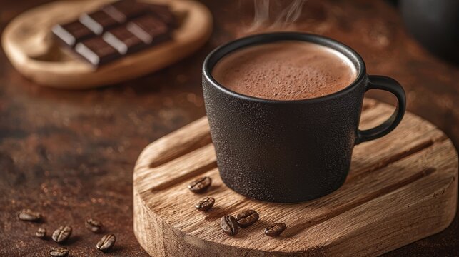 A warm cup of rich hot chocolate on wood.