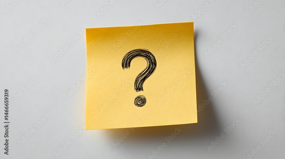 Aufkleber A blank sticky note with a question mark placed on a clean white surface, inviting curiosity and reflection in a minimalistic setting