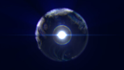 Blue glowing sphere emitting intense light rays in cosmic environment with circular distortion