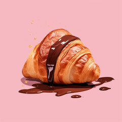 croissant with chocolate. Pink background.