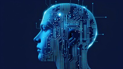 A profile view of a stylized human head.The head is outlined with intricate circuit board-like patterns in light blue and white, which subtly blend into the background. 