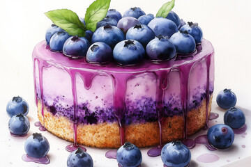 blueberries in a bowl, Watercolor blueberry Pound Cake, sweet color, topped with jam, white background