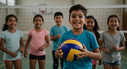 Happy Diverse Group of Children Playing Volleyball Indoors in a Gymnasium