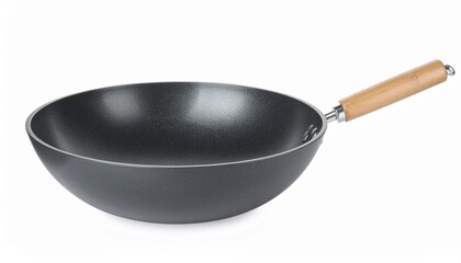 Non-Stick Wok with Bamboo Handle on Isolated Background