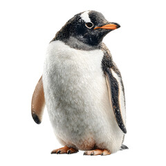 A single gentoo penguin stands against a plain white background, its black and white feathers detailed and its orange beak prominent, looking to the right side.