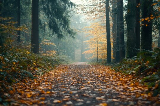 A serene autumn pathway through a misty forest with vibrant foliage during a quiet morning