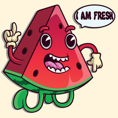 Cartoon watermelon character with speech bubble and text. Vector illustration.