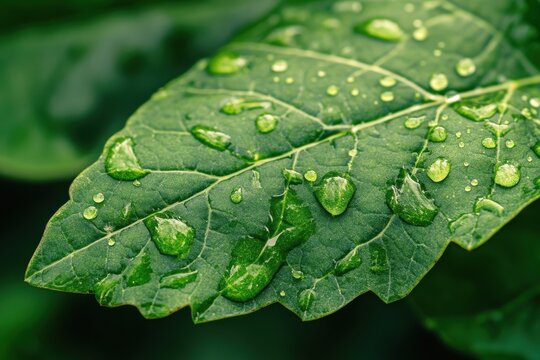 Fresh green leaf covered in raindrops glistening under natural light in a lush garden