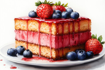 cheesecake with berries. Watercolor layer cake, sliced ​​strawberries, sweet colors, topped with jam, fruits on top, white background.