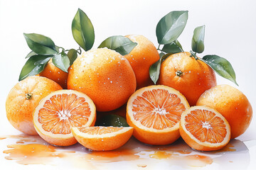  Watercolor Fresh Orange Fruits with Leaves, Pile of Cut Fruits Included on White Background.