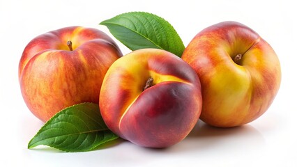 Fresh ripe nectarines with green leaves arranged on a white surface for visual presentation.