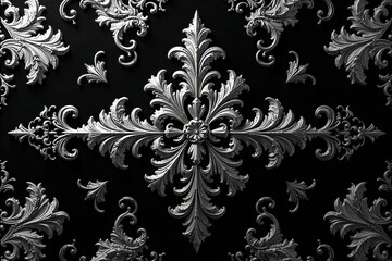 Symmetrical arabesque damask, silver on black, complex swirling details, light, seamless