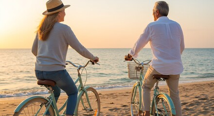Romantic Senior Couple Enjoying a Sunset Bike Ride on a Sandy Beach