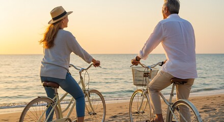 Happy senior couple enjoying a romantic sunset bike ride on a sandy beach