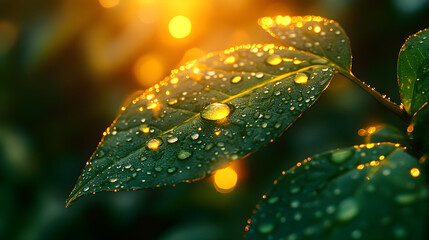 Sunlit macro of a green leaf surface showing detailed cells and glowing dewdrops