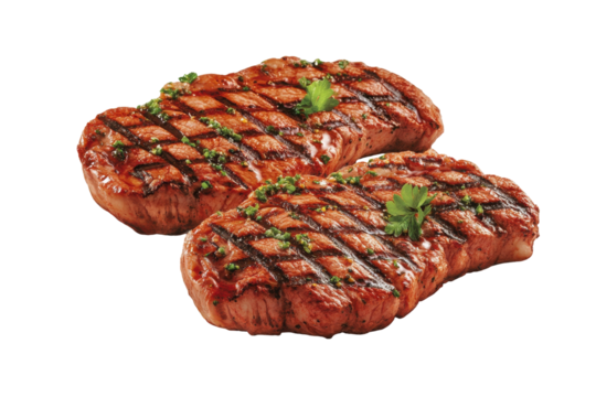Juicy steaks glisten with grill marks topped with herbs on a stark black canvas