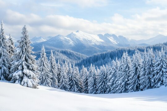 A winter landscape with snow covered trees and mountains against a cloudy blue sky backdrop view