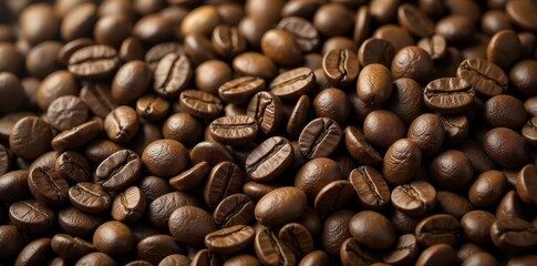 Obraz premium Rich brown coffee beans texture background, ample copy space , picture, close-up, seeds