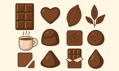 A set of icons featuring chocolate, candies, cocoa beans, cocoa leaves, chocolate bars, hot chocolate, truffles, chocolate drops, wrapped chocolate bars, chocolate squares, and desserts. 