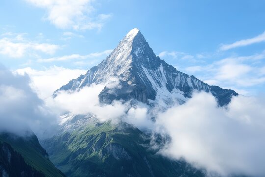 Majestic snow-capped mountain peak surrounded by clouds on a clear sunny day in the Alps
