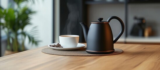 Fototapeta premium Hot Coffee and Kettle on Wooden Table