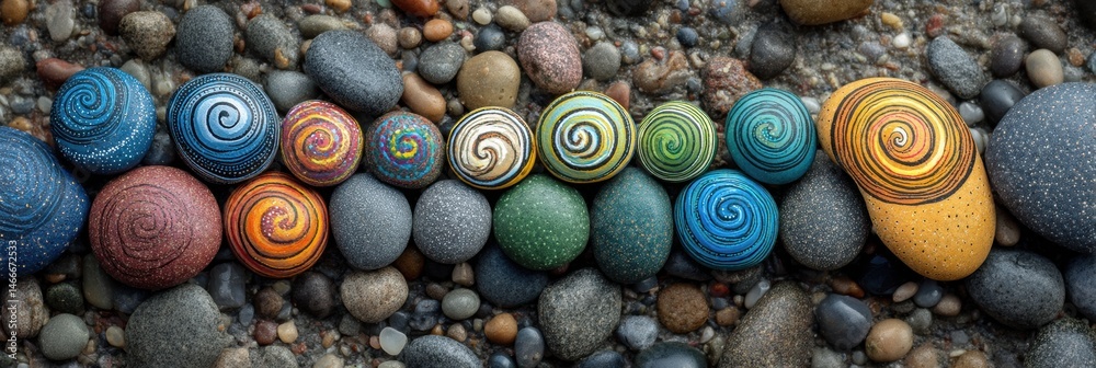 Leinwandbilder colorful painted rocks arranged in a spiral pattern on a pebbled beach during daylight hours generat
