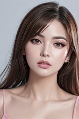 Fototapeta premium Portrait of a young woman smiling with beautiful dark hair with beautiful skin and beautiful eyes.