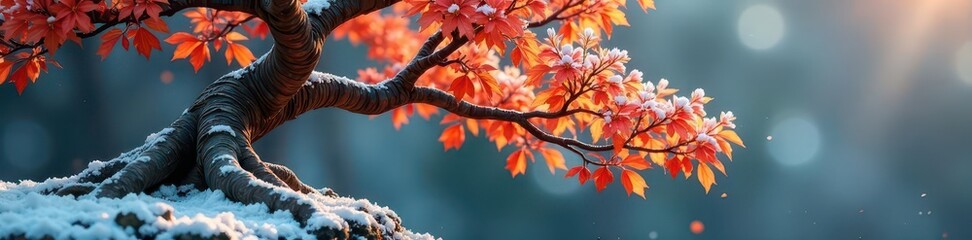 Ancient beech bonsai, delicate snow dusting branches, photography, quiet, plant