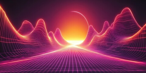 Neon Gridscape Retro Wave Hills at Sunset Horizon.
