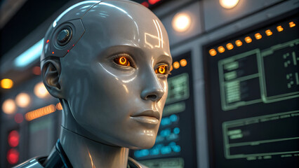 Detailed view of a metallic humanoid robot face with illuminated eyes, surrounded by abstract data displays and circuitry patterns