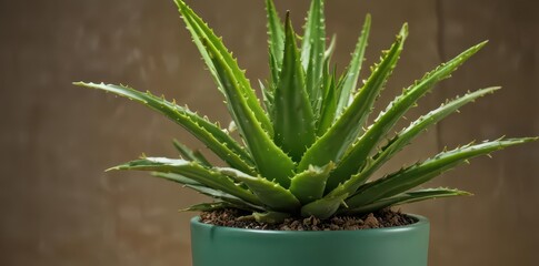 Fototapeta premium A succulent aloe vera plant thrives in a vibrant green ceramic pot , green pot, leaves, medicine